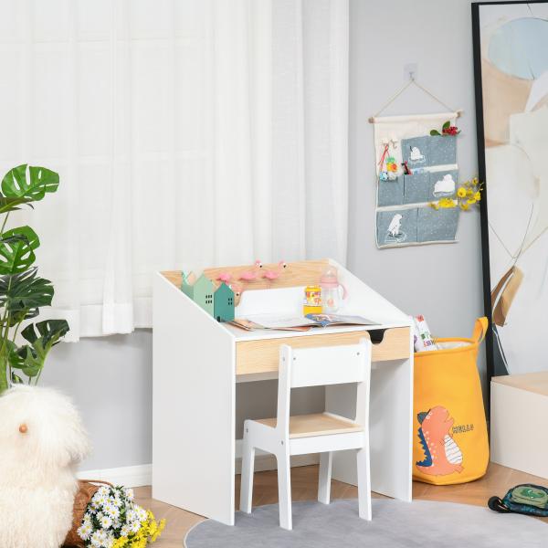 Secretária para Crianças de 3 e 6 Anos Conjunto de Mesa e Cadeira com Gaveta e Prateleira para Livros 70x50x75 cm Branco e Madeira