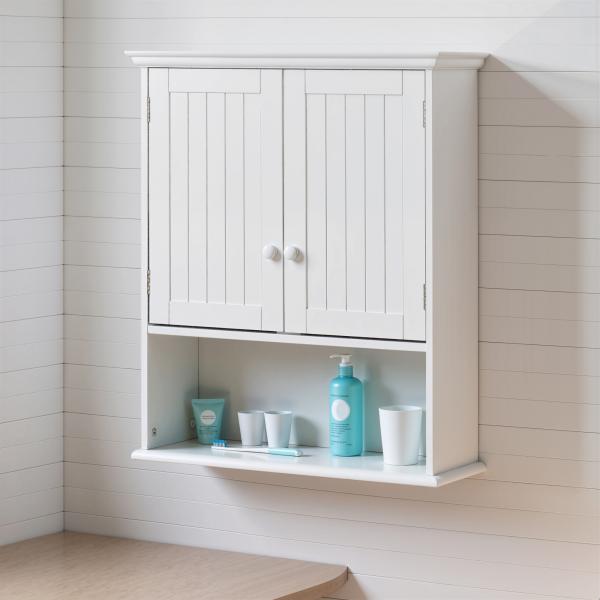 Armário Casa de Banho com 2 Portas Prateleira Interior Ajustável e Compartimento Aberto Móvel Auxiliar Suspenso Multiúso para Cozinha 60x20x70,5cm Branco