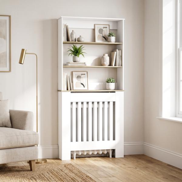 Cobre - radiador com Design Ripado, Estante de 3 Níveis, 78x19x165 cm, Branco e Carvalho