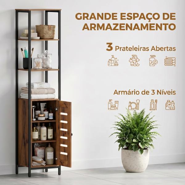 Coluna Casa de Banho Armário Alto Casa de Banho Estreito com Porta de Ripas Prateleiras Ajustáveis 37x30x167 cm Castanho Rústico