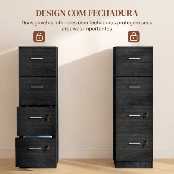 Gaveteiro de Secretária com 4 Gavetas, Fechaduras e Barras Ajustáveis para Arquivo A4 e Letter, 40x42x130,8 cm, Preto