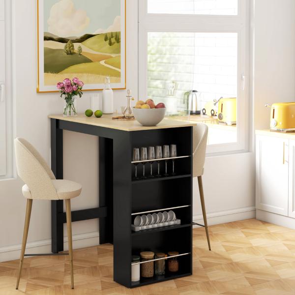 Mesa de Bar com 3 Prateleiras com Suporte Estilo Moderno para Cozinha Sala de Jantar 112x57x106 cm Preto e Madeira