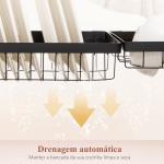 Escorredor de Louça de Aço de 2 Níveis com Suporte para Tábua Suporte para Talheres e 5 Ganchos 65x31,5x52,5cm Preto