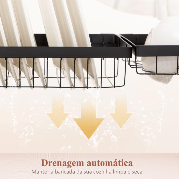 Escorredor de Louça de Aço de 2 Níveis com Suporte para Tábua Suporte para Talheres e 5 Ganchos 65x31,5x52,5cm Preto