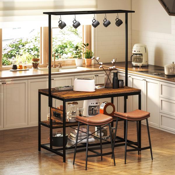 Estante de Cozinha com Tomada de Corrente Estilo Industrial com Prateleiras Ganchos Móvel Auxiliar 116x70x182 cm Marrom Rústico