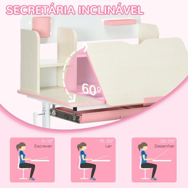 Conjunto de Secretária e Cadeira para Crianças com Altura Ajustável Gaveta Prateleiras e Bancada Inclinável 80x52x88 - 109 cm Rosa e Branco