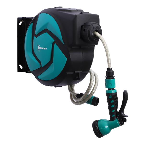 Enrolador de mangueira retrátil 10m com cabeça multifuncional Sistema de enrolamento automático com trava Conector de 1m para gramado de jardim 29,5x16,5x33cm Preto e verde