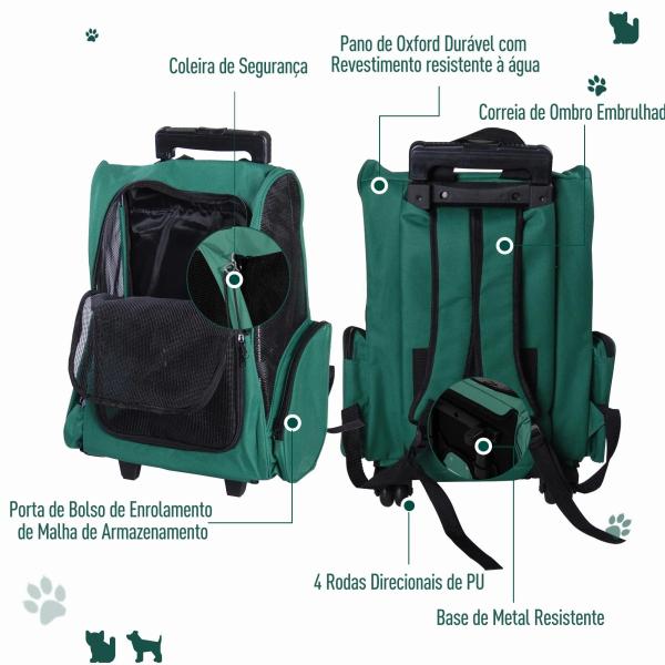 Transportadora 2 em 1 para Animais de Estimação Mochila ou Carrinho de Viagem para Cães e Gatos com 2 Rodas Alça Retrátil de Alumínio e Bolso de Armazenamento 42x25x55cm Verde
