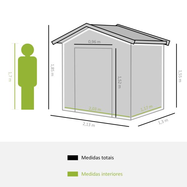 Abrigo de Jardim 213x130x185cm Abrigo de Jardim Metálico de Exterior com 2 Portas Deslizantes e 4 Janelas Marrom Claro