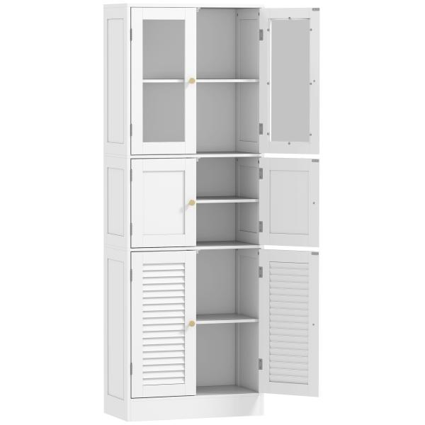 Armário de Casa de Banho Alto com Portas de Vidro Portas de Ripas e Prateleiras Ajustáveis 60x30x170 cm Branco