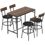 Conjunto de Mesa Alta de Bar com 4 Bancos, Assentos em PU com Encosto e Apoio para os Pés, Castanho