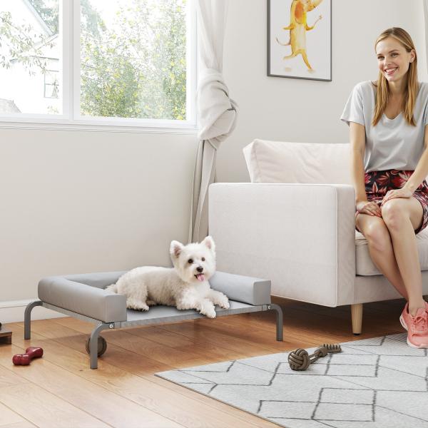 Cama Elevada para Cães com Latertais Amovíveis Cama Elevada para Cães Pequenos Portátil com Malha Respirável 90x65x30 cm Cinza