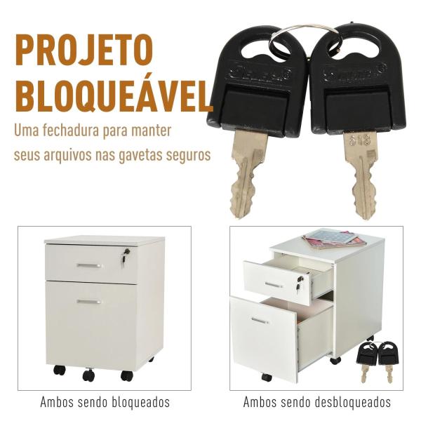 Bloco de Gavetas de Madeira Móvel para Arquivos no Escritório com 5 Rodas para Escritório Secretaria 40x49x58 cm Branco