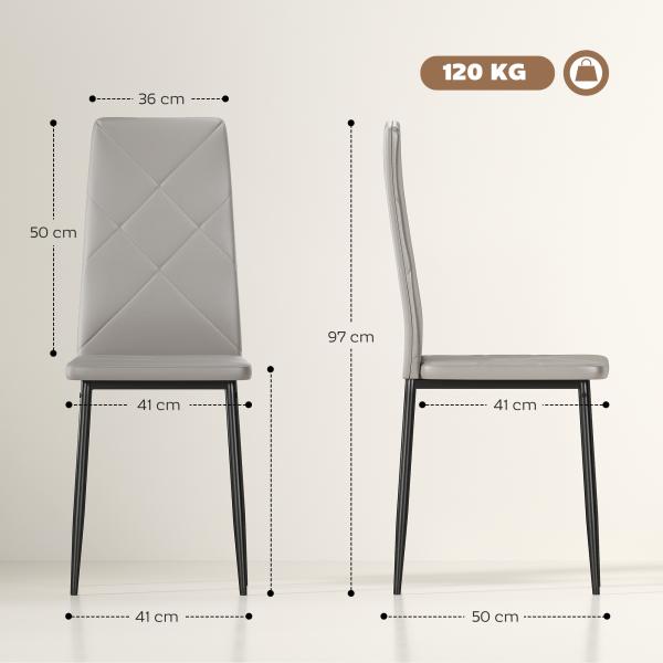 Conjunto de 4 Cadeiras de Sala de Jantar Estofadas em Couro Sintético com Encosto Alto e Pés de Aço 41x50x97 cm Cinza