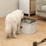 Comedouro Elevado para Cães com 2 Tigelas 2000ml de Aço Inoxidável Gaveta Oculta com Suporte de Madeira 60x30x36cm Branco