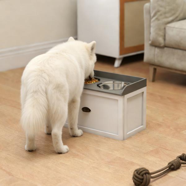 Comedouro Elevado para Cães com 2 Tigelas 2000ml de Aço Inoxidável Gaveta Oculta com Suporte de Madeira 60x30x36cm Branco