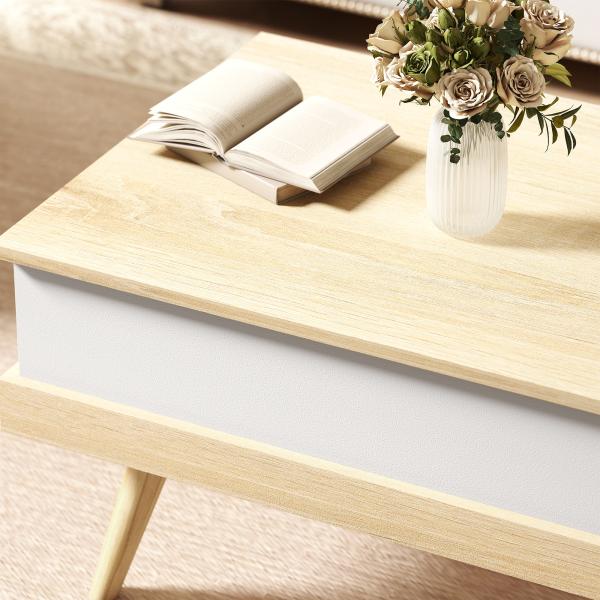 Mesa de Centro Elevatória com 3 Compartimentos de Armazenamento Ocultos e Pés de Madeira 100x79x54 cm Madeira e Branco