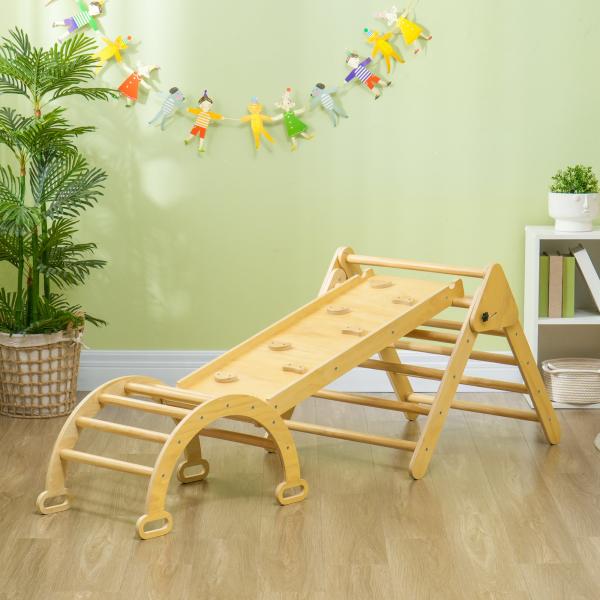 Triângulo de Escalada de Madeira 5 em 1 Escada para Crianças de 18 - 48 Meses com Rampa e Arco de Escalada 178x64,5x63 cm Madeira