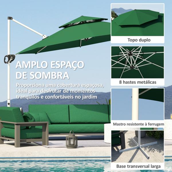 Chapéu de Sol Excêntrico Ø292 cm com Manivela Rotativo 360° Inclinação Ajustável Duplo Teto e Base Cruzada Verde Escuro