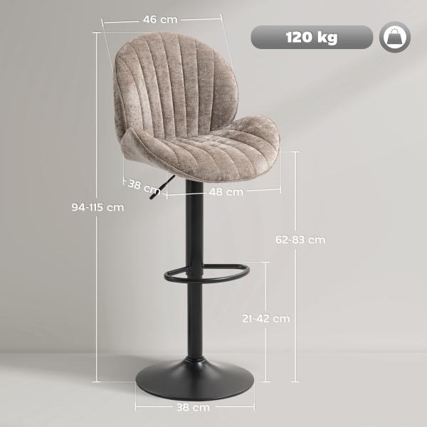 Conjunto de 2 Bancos de Bar Giratórios em Chenille com Altura Ajustável 62 - 83 cm, Encosto e Apoio para os Pés, Moka
