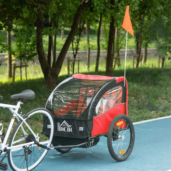 Reboque de Bicicleta para Crianças acima de 18 Meses Reboque de Bicicleta com 2 Lugares com Cinto de Segurança Espaço de Armazenamento e Sistema de Amortecimento 140x88x90 cm Vermelho