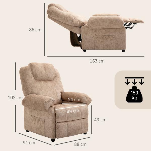 Poltrona Relax Reclinável com Apoio para os Pés Retrátil Encosto Alto Bolso Lateral Acolchoado Grosso 88x91x108 cm Bege