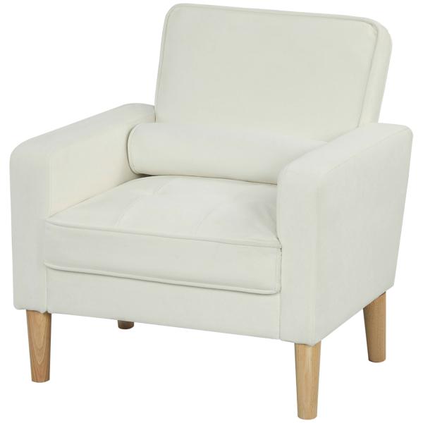 Poltrona Sala de Estar Estofada em Veludo Poltrona de Leitura com Assento com Botões e Pés de Madeira 76x79x82 cm Creme