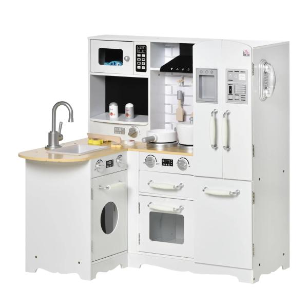 Cozinha Infantil de Madeira para Crianças de 3 - 6 Anos com Sons 14 Acessórios Cozinha Infantil com Telefone Lavatório Microondas e Grifo 82x65x87cm Branco