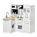 Cozinha Infantil de Madeira para Crianças de 3 - 6 Anos com Sons 14 Acessórios Cozinha Infantil com Telefone Lavatório Microondas e Grifo 82x65x87cm Branco