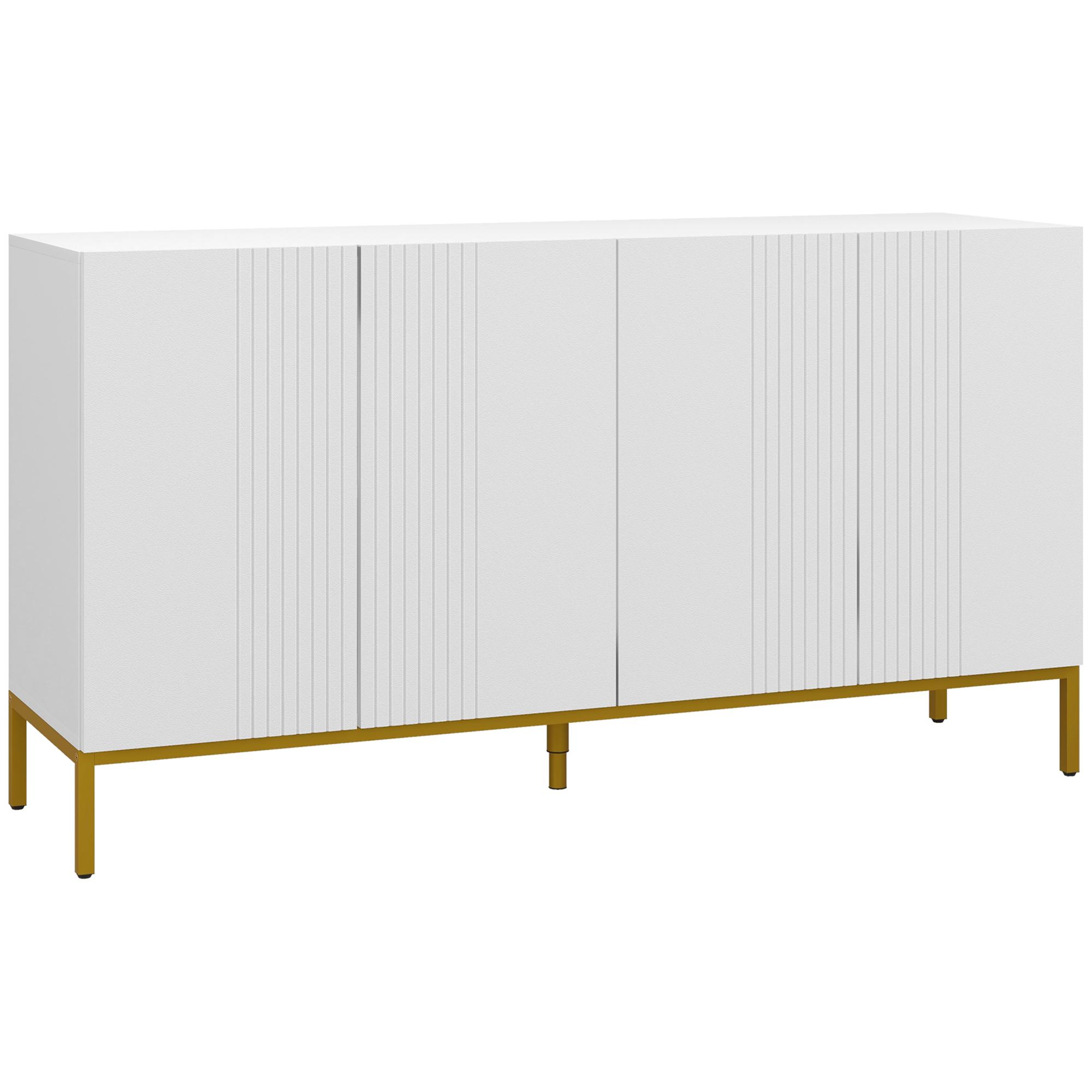 Aparador para Sala com 4 Portas, Prateleiras Ajustáveis e Pés Dourados 140x40x75 cm para Entrada ou Quarto, Branco