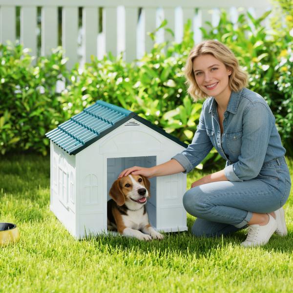 Casa para Cães 65x75,7x63 cm Casa para Cães com Janelas e Teto com Telhas de Imitação para Cães Médios Azul e Branco