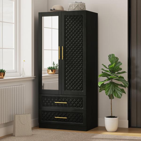 Roupeiro com Espelho 2 Portas e 2 Gavetas Relevo de Diamante Barra para Pendurar Estilo Moderno 80x50x180 cm Preto