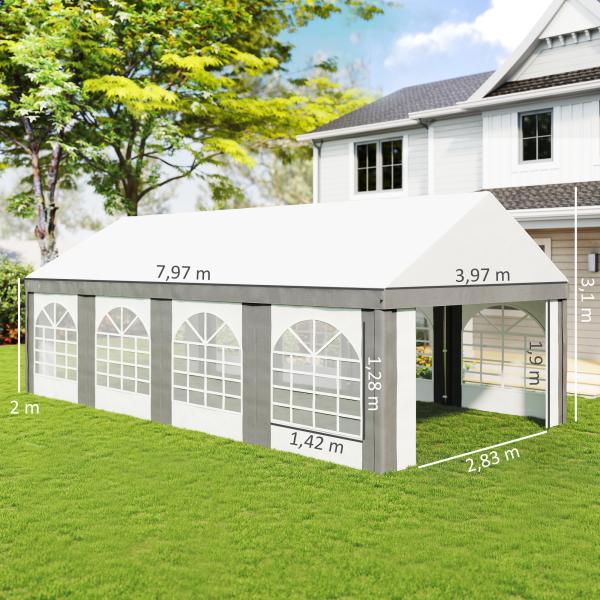 Tenda para Festa 4x8 m Tenda de Jardim com Paredes Removíveis Portas e Janelas Anti - UV para Casamento e Eventos Cinzento