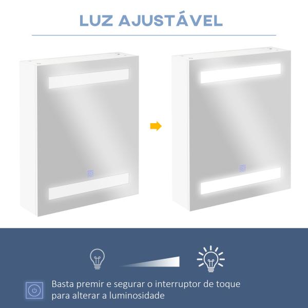 Armário Casa de Banho com Espelho e Luz LED 2 Prateleiras de Armazenamento e Interruptor Tátil 50x15x60cm Branco