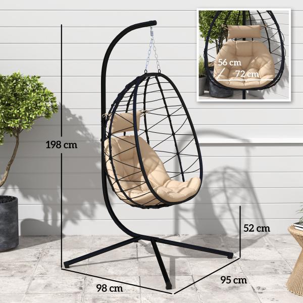 Cadeira Suspensa com Suporte Baloiço Jardim com Cesto Dobrável Almofada e Apoio de Cabeça 98x95x198 cm Caqui
