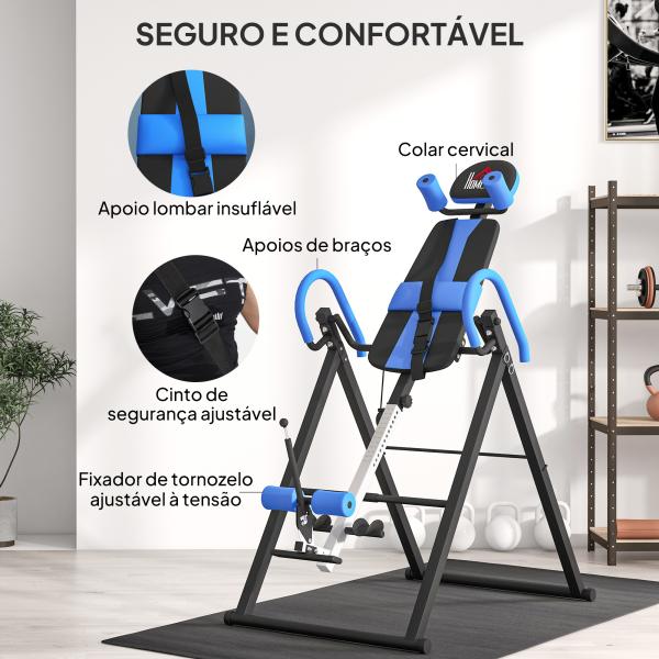 Mesa de Inversão Dobrável com Cinto de Segurança Altura Regulável para Utilizadores de 1,30 a 1,90 m 79x114x153 cm Preto e Azul