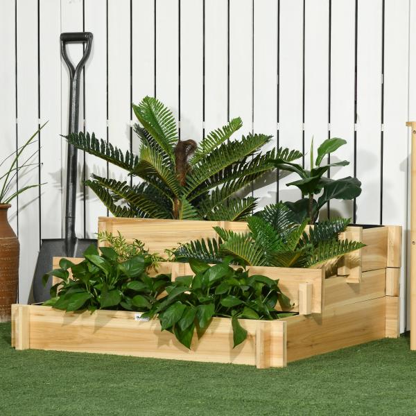 Caixa de Plantio de Madeira de 3 Níveis com Malha Geotextil para Cultivos de Plantas Flores Exterior 93x93x35 cm Madeira