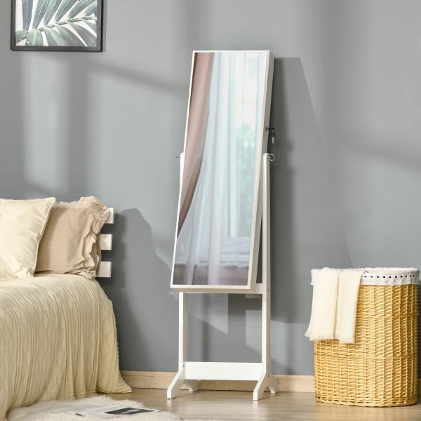 Espelho Joalheiro de Pé com Ângulos Ajustáveis Fechadura Magnética Organizador de Joias com Prateleiras 46x36,5x151,5cm Branco