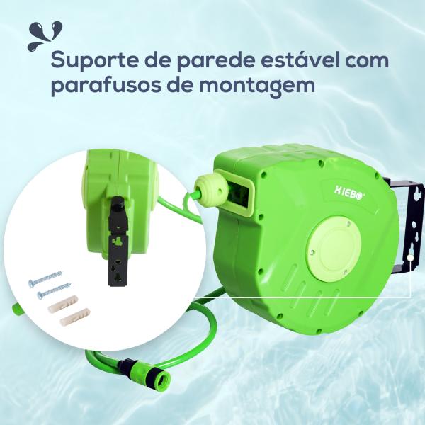 Carrete para Mangueira 10m+1m Enrolador de Mangueira Montado na Parede Enrolador Automático 180º Giratório 35,5x11,x5x27,5cm Verde