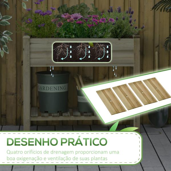 Horta Urbana de Madeira com Prateleira Mesa de Cultivo Retangular com Orifícios de Drenagem para Cultivos Plantas Jardim Terraço Exterior Carga 80 kg 91x51x76 cm Natural