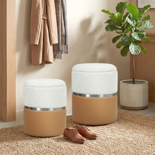 Conjunto de 2 Puffs de Armazenamento Estofados em Chenille e PU Assento Acolchoado para Entrada Quarto ou Sala Castanho e Creme