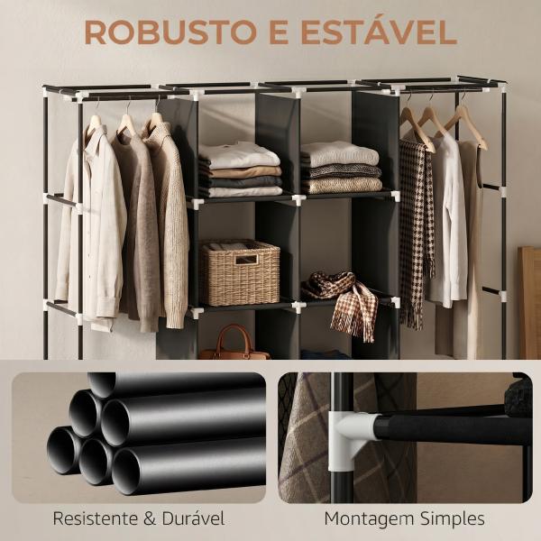 Armário de Tecido Portátil com Rodas, 10 Compartimentos, Espaço para Pendurar Roupa e Estrutura em Aço, Preto