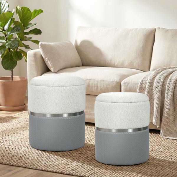 Conjunto de 2 Puffs de Arrumação Estofados em Chenille e PU Assento Acolchoado para Entrada Quarto Cinzento e Creme