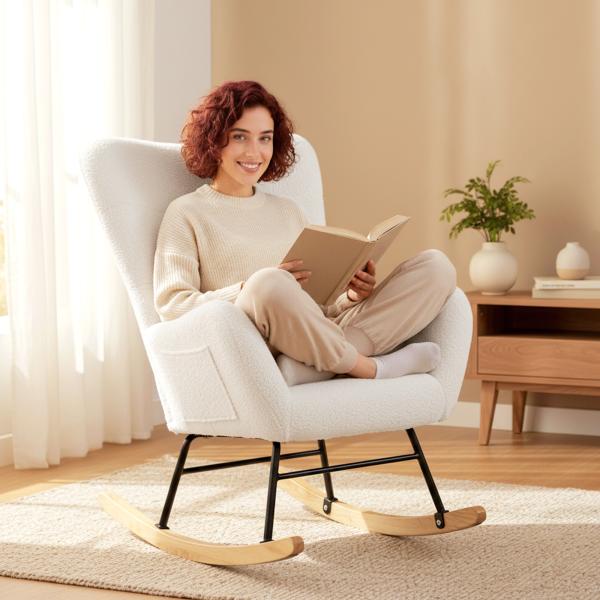 Poltrona Baloiço em Borrego Poltrona para Amamentação com Encosto Acolchoado Almofada e Base de Madeira de Borracha 67x82x100 cm Creme