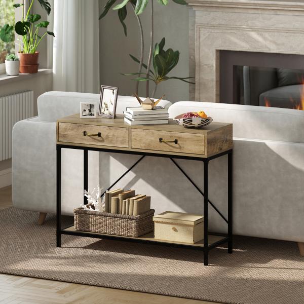 Mesa Consola Industrial Mesa de Sofá com 2 Gavetas e Prateleira para Entrada com Pés de Metal Castanho e Preto