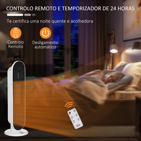 Aquecedor Cerâmico de Torre 1200W/2000W com Controle Remoto Termostato Temporizador de 24h e Sistema Anti - Rolamento para Sala de 20m² 21x21x63,5cm Branco e Preto