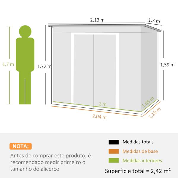 Abrigo de Jardim 213x130x172 cm Abrigo de Exterior de Aço Galvanizado com Porta Corredeira para Armazenamento Cinza Claro