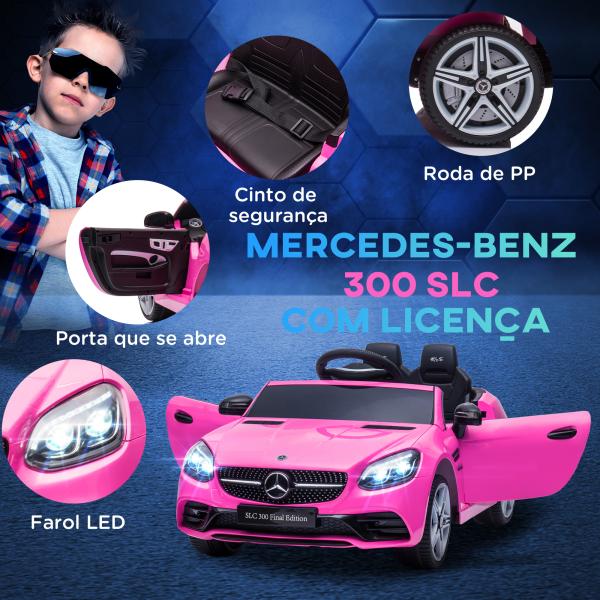 Carro Elétrico Mercedes SLC 300 12V para Crianças de 3 - 6 Anos com Controlo Remoto Faróis LED Buzina Música TF USB e Abertura da Porta 3 - 5km/h 107x62,5x44cm Rosa