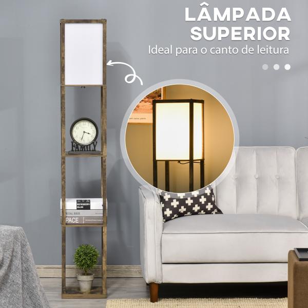 Candeeiro de Pé de Madeira com 3 Prateleiras para Lâmpada E27 Potência Máx. 40W 26x26x160 cm Marrom Rústico