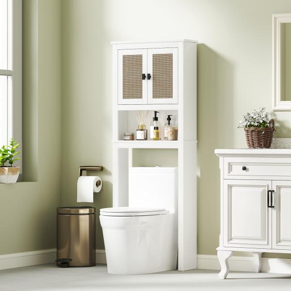 Móvel sobre Sanita Armário sobre Sanita com 2 Portas com Frente em Vime Compartimento e Prateleira Ajustável 60x19,5x160 cm Branco
